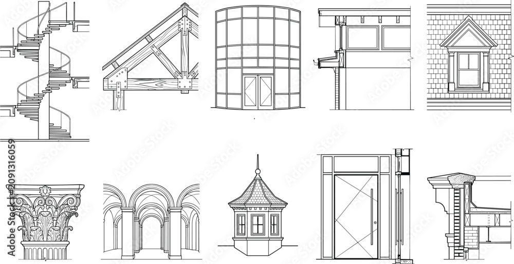 Fototapeta premium Architectural Detail Outline Vector Collection with Structural Elements for CAD and Building Design