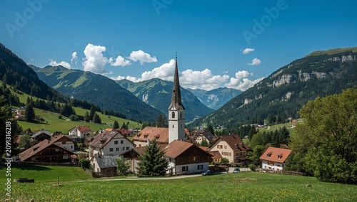 Scenic Village With Church and Mountains Under Blue Sky in Summer