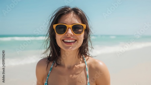 Smiling Woman With Sunglasses Enjoys the Beach on a Sunny Day by the Ocean
