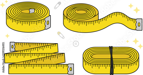 Fotografía Yellow tailor measuring tape vector set showing rolled folded and coiled tape ru