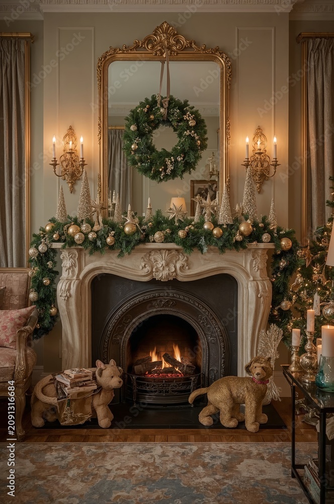 Fototapeta premium Decorative Fireplace With a Painting, Candles, and a Christmas Tree During Winter Season