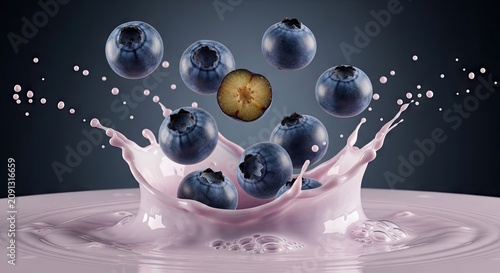 Blueberries splashing into pink yogurt with liquid droplets