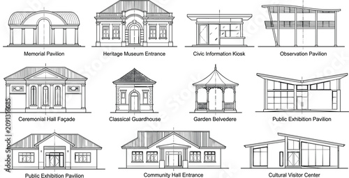 Schilderij op canvas Architectural Pavilion and Public Building Facade Outline Vector Collection for
