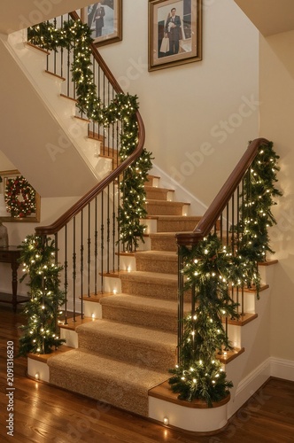 Holiday Decorations Adorn a Staircase With Garlands and Lights