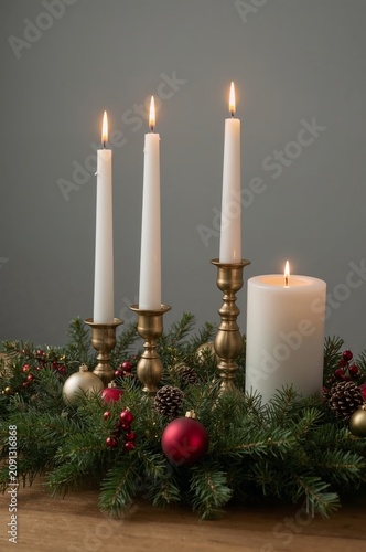 Candles and Decorations Set up on a Table for a Holiday Gathering in a Warm I...