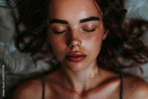 Young woman with freckles resting on a bed with her eyes closed