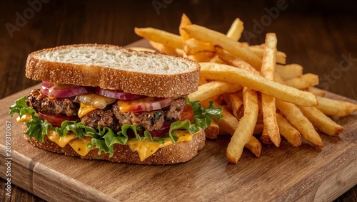Delicious Burger With Fries Served on a Wooden Board in a Restaurant Setting