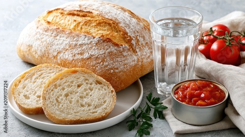 Two glasses of water, slices of bread, and a can of food are placed on a table. The scene is simple and clean, inviting for a meal