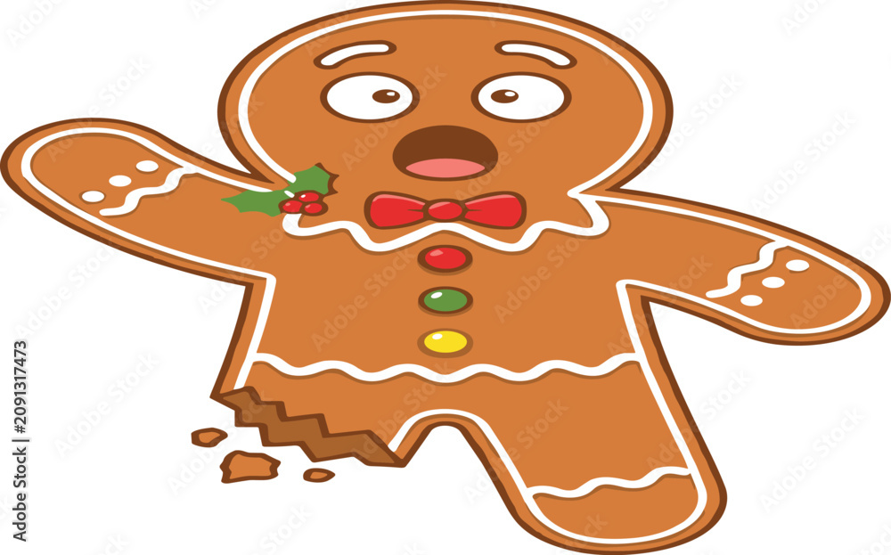 Obraz premium Funny Broken Christmas Gingerbread Cookie Character with Surprised Expression Holiday Biscuit Cartoon Vector Illustration Isolated on White Background
