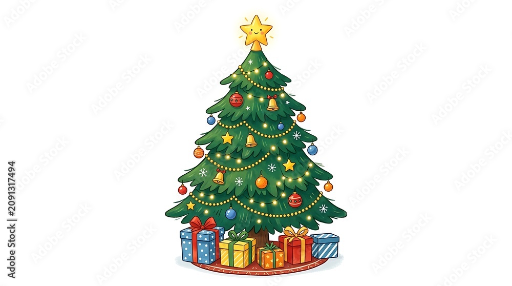 Naklejka premium Cartoon Christmas tree with presents and ornaments on white background