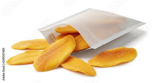 Delicious Organic Dried Mango Slices Spilled Out of a White Packaging Pouch Isolated on a Clean White Background