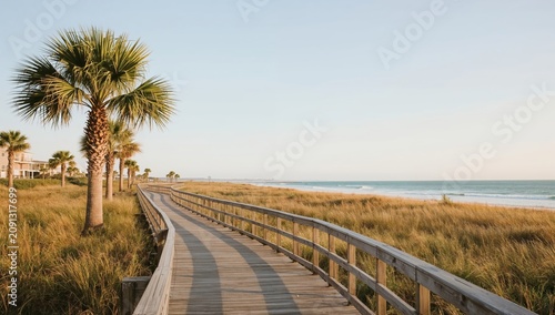Walkway Leads to the Beach With Palm Trees Near the Ocean in the Morning Light