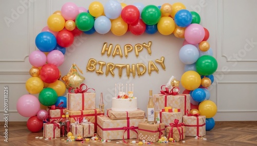 Colorful Birthday Decoration With Gifts and a Cake at a Celebration Venue Dur...
