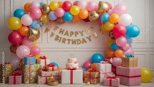 Colorful Birthday Decoration With Gifts and a Cake at a Celebration Venue Dur...