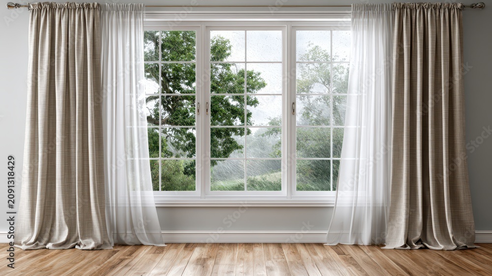 Fototapeta premium Heavy rain and strong wind are visible outside the window, while the interior space remains empty and safe, showing a clear contrast