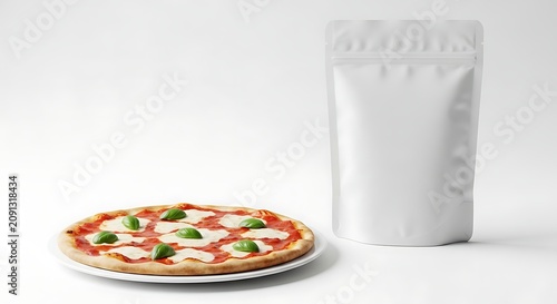 Freshly baked Margherita pizza presented alongside a blank white stand-up pouch, perfect for illustrating food packaging concepts or ready-meal designs in a clean, isolated studio setting