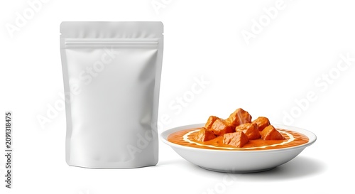 Convenient Pouch Packaging Next to a Delicious Bowl of Indian Butter Chicken Meal