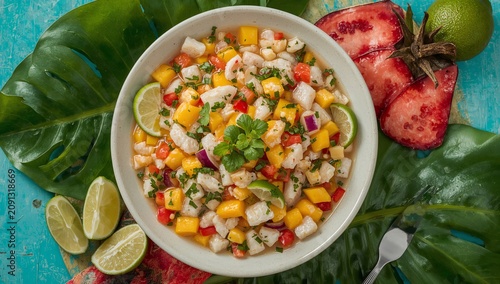 Ceviche Bowl With Mango, Lime, and Tropical Fruits on a Blue Table