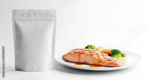 Blank Doypack Pouch Mockup Placed Beside A Grilled Salmon Fillet Served With Steamed Vegetables On A White Plate For Food Branding Presentation