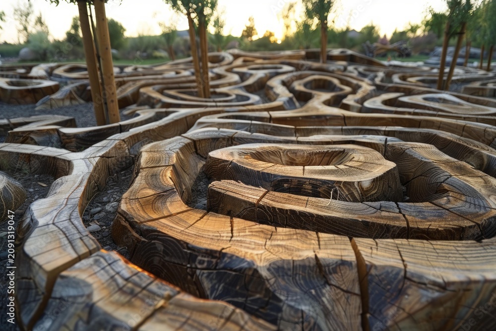 Naklejka premium Low angle view of a complex maze crafted from tree trunks, creating a unique play area in a park