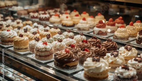 Desserts Displayed in a Bakery Case During a Busy Afternoon in the City