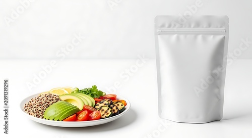 Healthy quinoa salad with avocado bowl next to blank white standing food pouch mockup