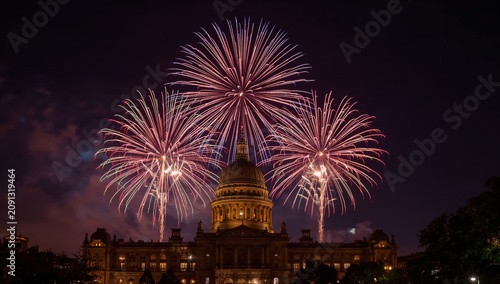 Fireworks Light up the Night Sky Above a Large Building During a Celebration ...