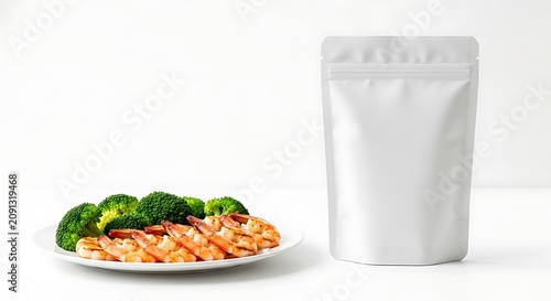 Nutritious cooked shrimp and vibrant green broccoli on a plate, paired with a customizable blank white stand-up food packaging pouch on a clean background