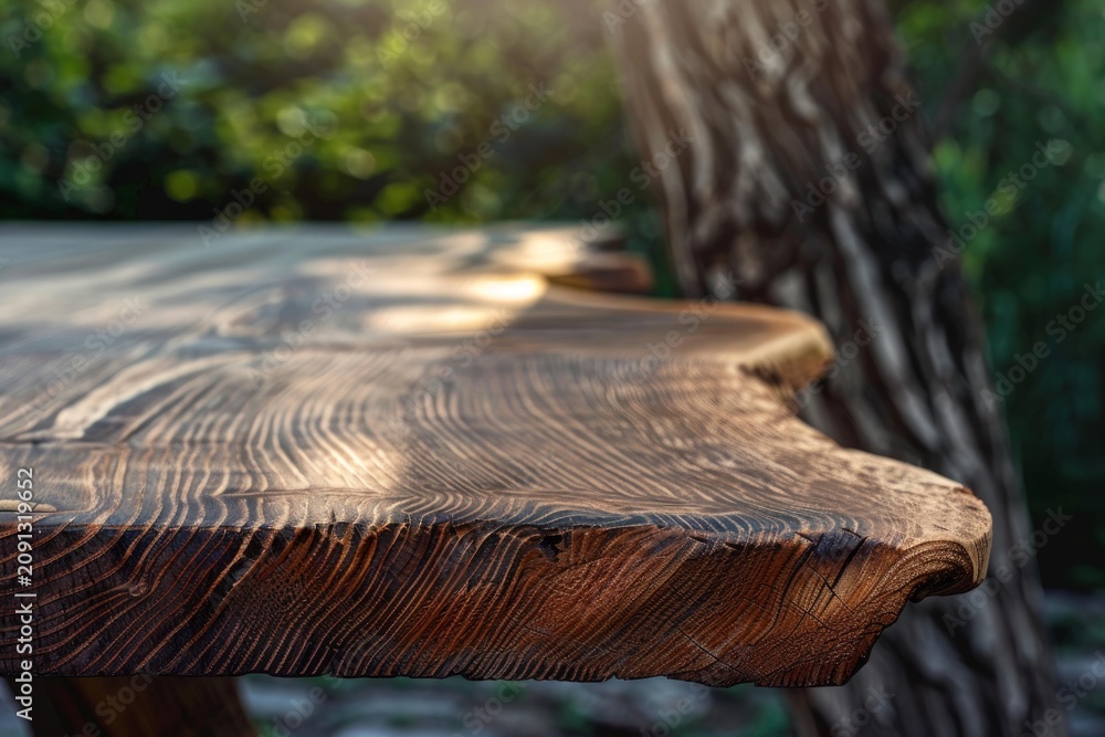 Obraz premium Live edge wooden slab tabletop with blurred natural background, showcasing the beauty of wood grain and craftsmanship