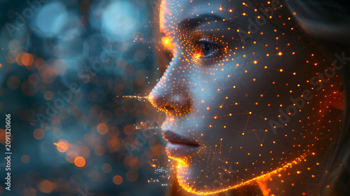  High-Detail 3D Scene of AI Human Face Made of Light Particles, Glowing Holographic Projection, Dark Futuristic Digital Environment
