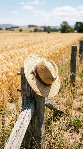 A Rustic Straw Hat Resting Upon a Weathered Wooden Fence Post Amidst a Golden Wheat Field Under a Radiant Summer Sky