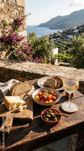 A Sun-Drenched Mediterranean Terrace Lunch Featuring Artisan Bread, Fresh Tomatoes, Olives, and Crisp White Wine Overlooking a Serene Coastal Landscape in a Picturesque Seaside Village Setting