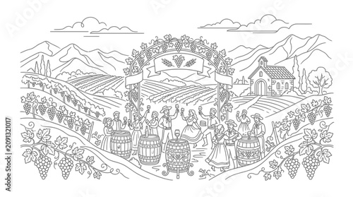 Vineyard Harvest Celebration: People Dancing and Drinking Wine Amidst Rolling Hills