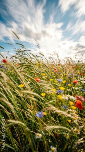 A Vibrant Summer Meadow Swaying in the Gentle Breeze Under a Radiant Sky Featuring Colorful Wildflowers and Lush Green Grass in a Serene Countryside Landscape