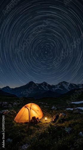 A Luminous Tent Beneath a Swirling Celestial Vortex of Star Trails Over Majestic Alpine Peaks: A Serene Night of Wilderness Camping and Cosmic Wonder in the High Mountains