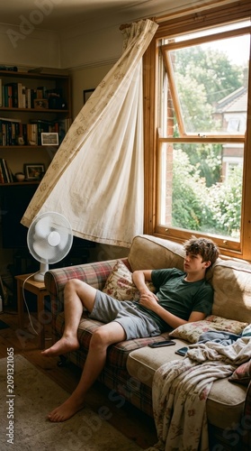 A contemplative young man resting on a plaid sofa in a sunlit room, capturing a serene afternoon moment of quiet reflection and summer breeze near an open window with flowing curtains.