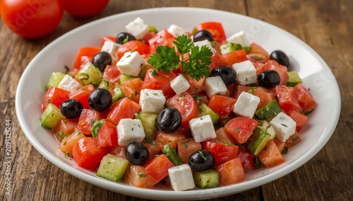 Fresh Salad Made With Tomatoes, Cucumbers, Olives, and Feta Cheese on a Woode...