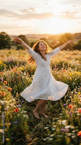 A Radiant Woman Dancing with Joy in a Golden Wildflower Meadow at Sunset, Capturing the Essence of Pure Freedom, Serenity, and Ethereal Natural Beauty in a Dreamy Summer Landscape