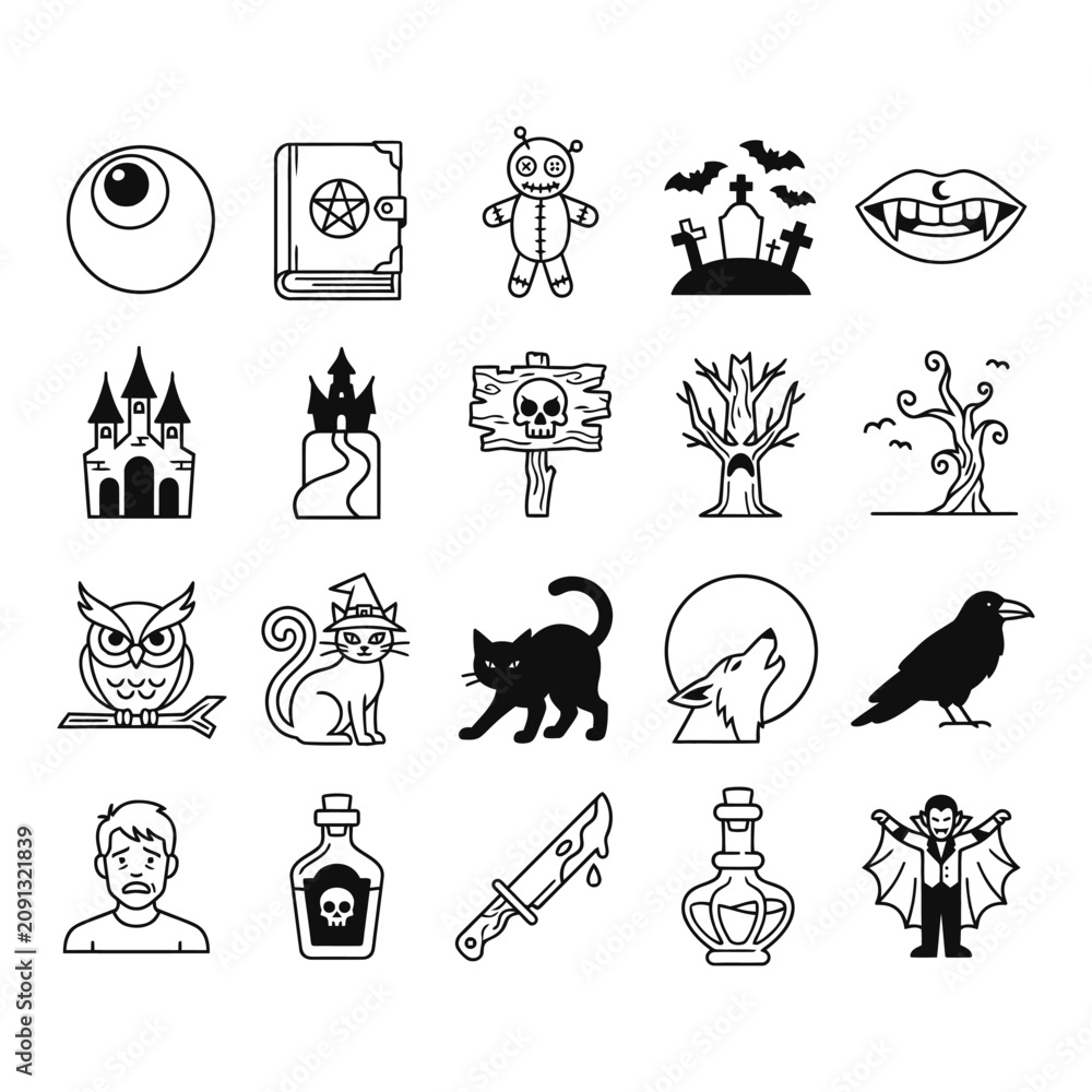 Obraz premium Halloween line art icons collection spooky symbols for seasonal designs and creepy celebrations