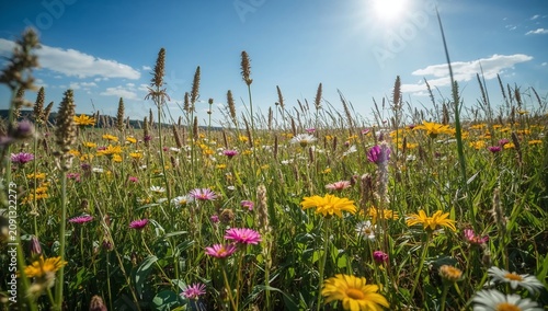 Colorful Flowers Bloom in a Vibrant Field Under a Bright Sky During a Sunny Day