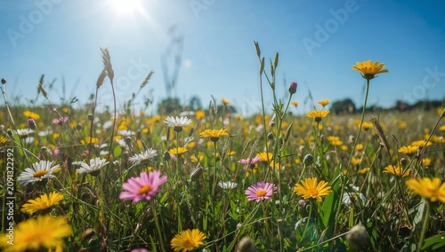 Colorful Flowers Bloom in a Vibrant Field Under a Bright Sky During a Sunny Day