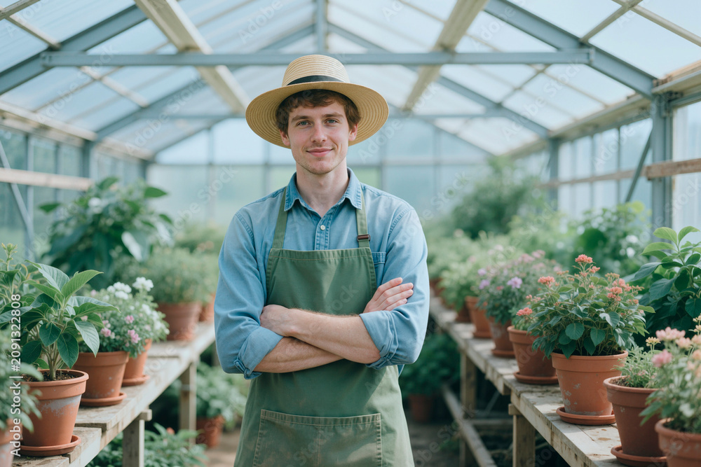 Obraz premium Portrait of young adult Caucasian man standing with crossed arms in greenhouse, working as gardener among potted plants. Ideal for horticulture business, small farm marketing