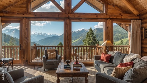 Mountain View From a Wooden Cabin During the Day With Sunlight and Clouds in ...