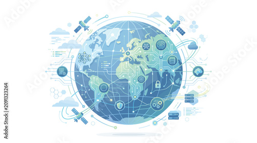 Global technology network illustration representing worldwide data connections artificial intelligence and cybersecurity systems