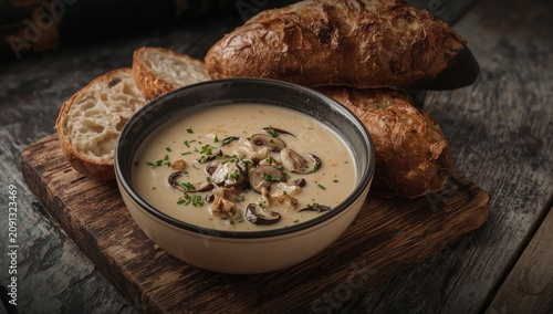 Delicious Soup Served With Bread at a Restaurant Table During Lunchtime