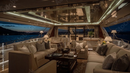 Luxury Yacht Interior at Sunset on Water With Lights Illuminating Space