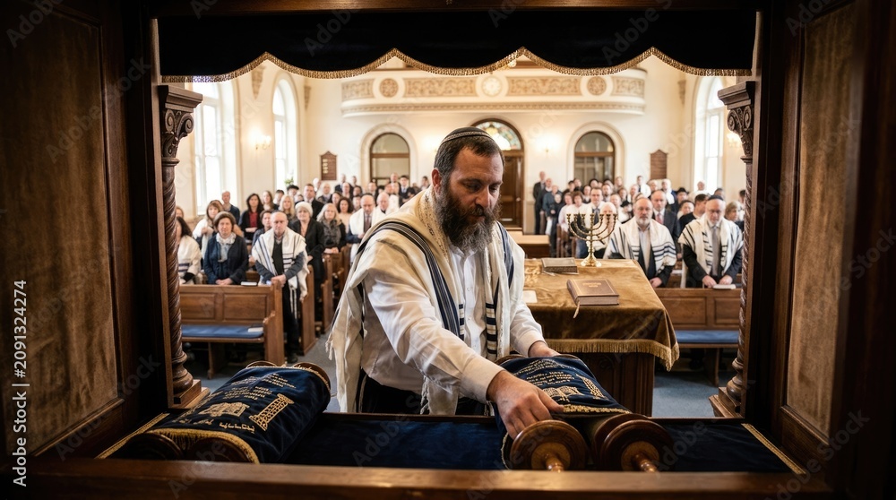 Obraz premium Spiritual leader teach: holy commandment, divine scripture, Torah scroll, synagogue interior, worship service, faithful community, religious observance, sacred tradition.