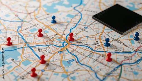Map With Pins and a Smartphone on the Table Shows City Layout and Potential T...