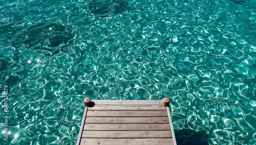 Clear Water Reflects Sunlight Near a Wooden Dock by the Shore in a Tropical L...