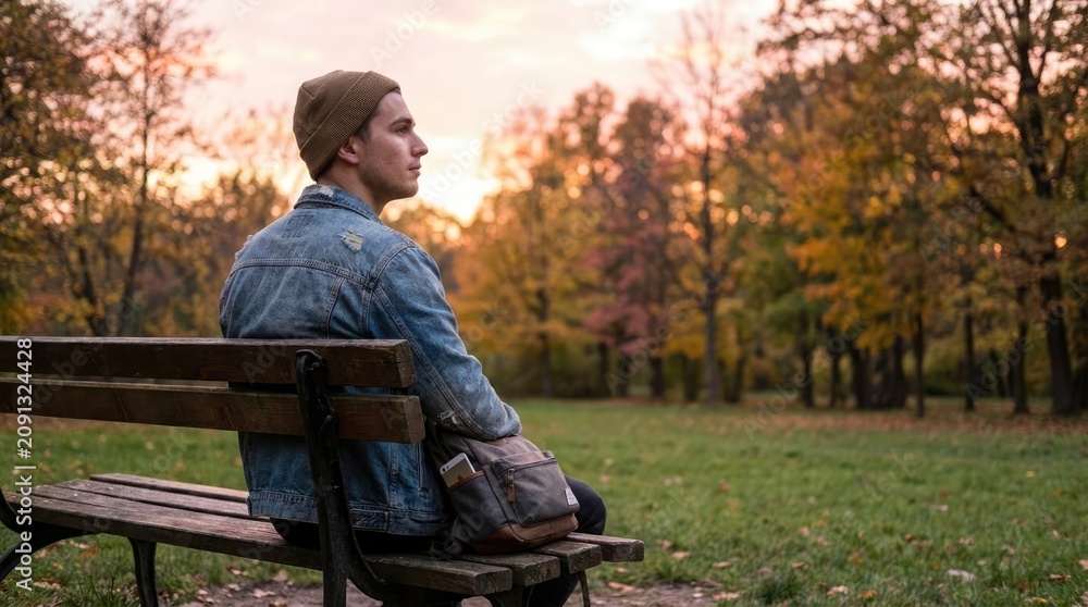 Fototapeta premium Man sitting on park bench in autumn.